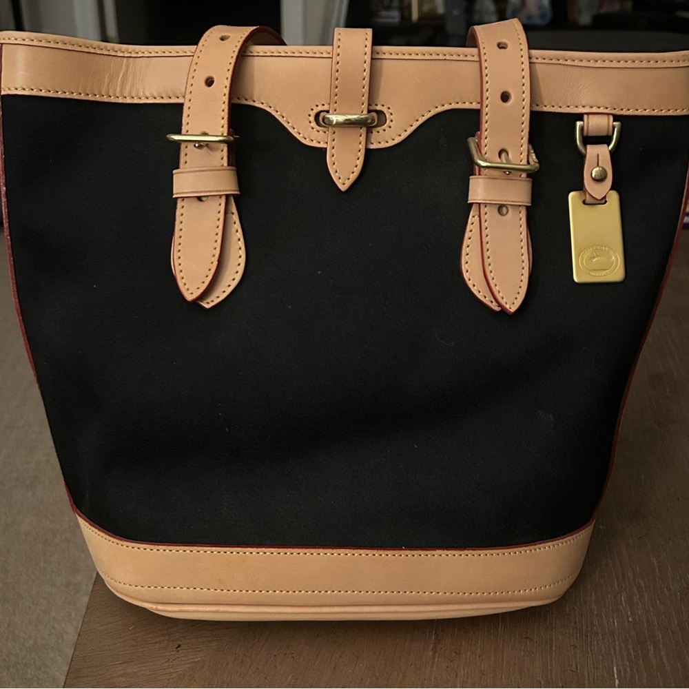 Vintage (Brand New) Dooney & Bourke Black Canvas Tote with Natural Leather Trim